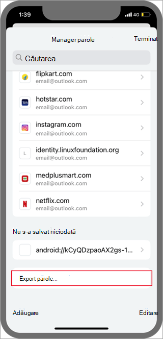 Locația parolelor de export Android Chrome