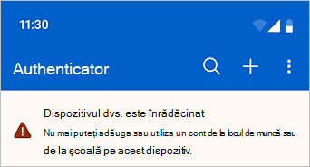 Captură de ecran care arată că dispozitivul este deblocat prin jailbroken/rooted în Microsoft Authenticator.