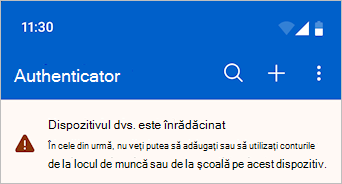 Captură de ecran care afișează Microsoft Authenticator cu un mesaj de avertizare.