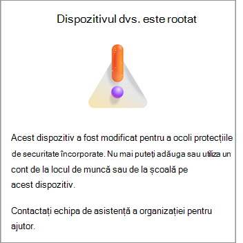 Captură de ecran afișând eroarea Dispozitivul dvs. este rooted în Microsoft Authenticator pe Android.
