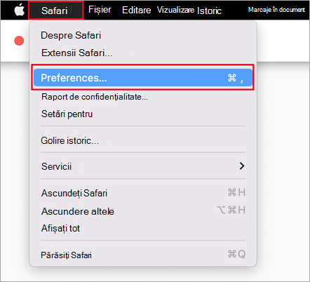 Meniul Safari din Safari, cu Preferințele selectate.