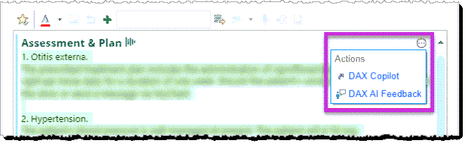 Image shows the Actions menu beside a DAX Copilot SmartSection.