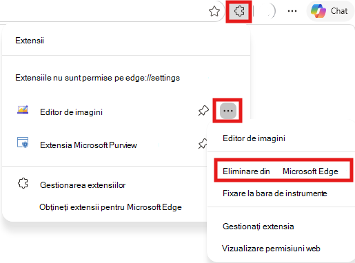 Captură de ecran cu Eliminați din Microsoft Edge.