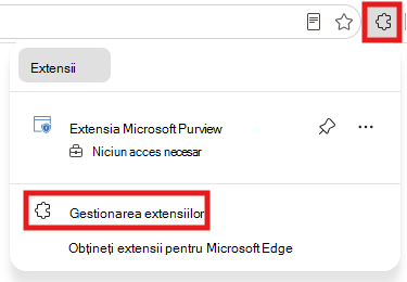 Captură de ecran cu Gestionare extensii.