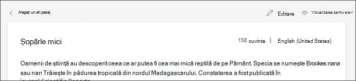 Captură de ecran afișând un pasaj în poziție, cu cursorul trecând peste butonul Editare