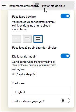 Preferințe de citire în Immersive Reader