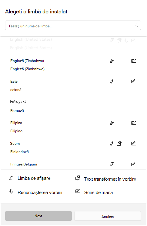 Captură de ecran a pachetelor lingvistice disponibile pentru descărcare în setările Windows 10.