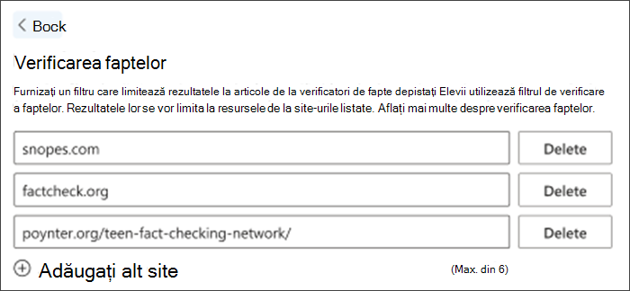 Captură de ecran a opțiunii de verificare a faptelor din Setări. Sunt listate trei site-uri implicite de verificare a faptelor - acestea pot fi șterse și altele pot fi adăugate pentru a satisface nevoile profesorilor.
