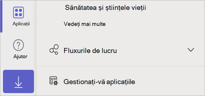 Captură de ecran cu Teams afișând butonul Aplicații, care afișează butonul Gestionați aplicațiile.
