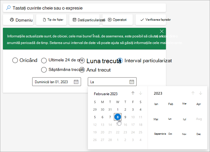 Captură de ecran a instrumentului de selecție a datei după ce ați selectat un interval particularizat.