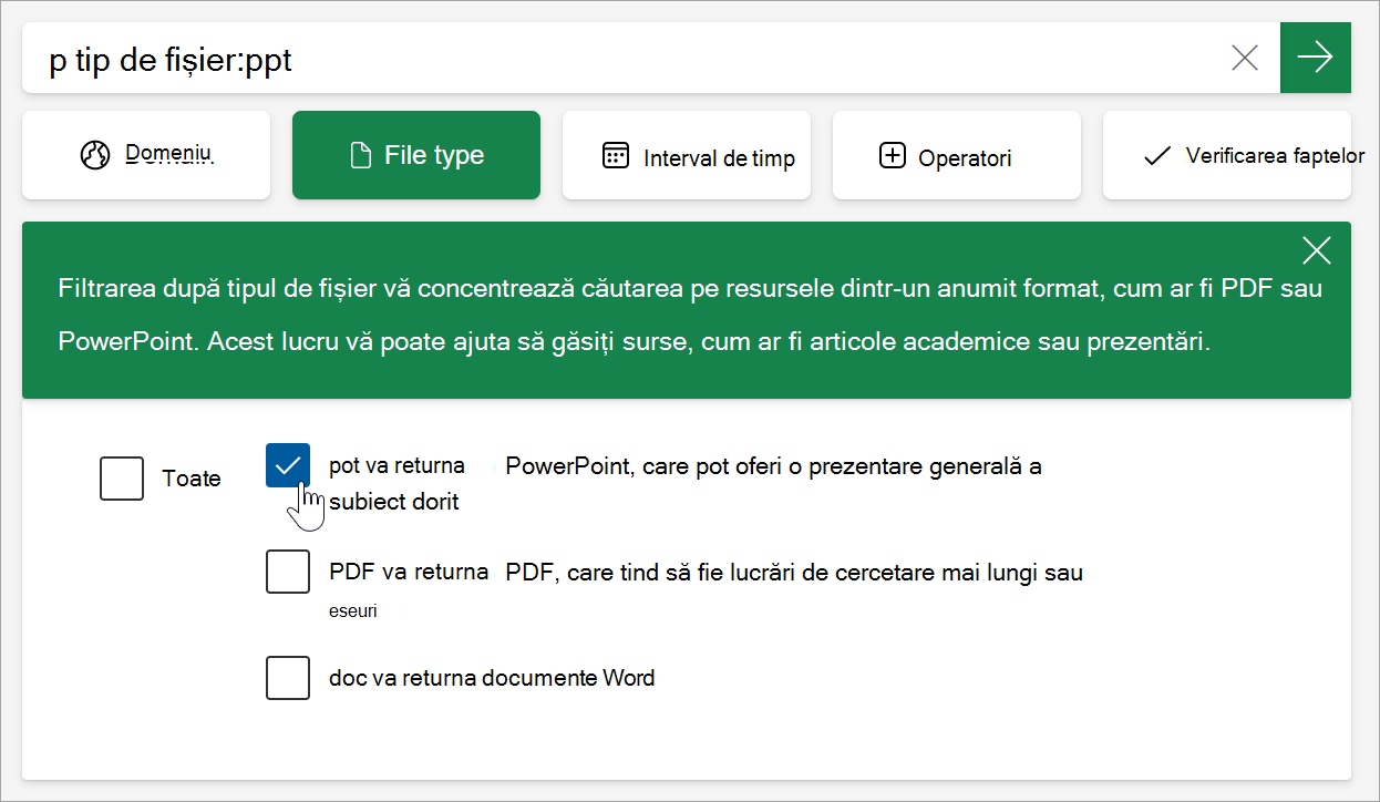 Captură de ecran cu selectarea PDF din opțiunile pentru tipul de fișier. tipfișier:pdf este populat în bara de căutare.
