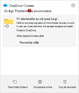 Captură de ecran afișând centrul de activitate OneDrive cu opțiunea Remediere căi.