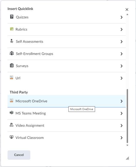 Atașați un fișier OneDrive la o temă utilizând meniul Linkuri rapide atașare Brightspace Assignment.