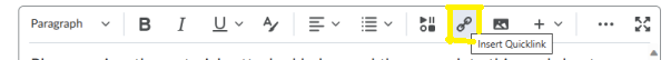 Inserați un link la un fișier OneDrive din editorul de conținut Brightspace utilizând meniul Inserare link rapid.