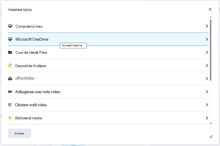 Încorporați un fișier OneDrive în editorul Brightspace utilizând meniul Inserare lucruri.