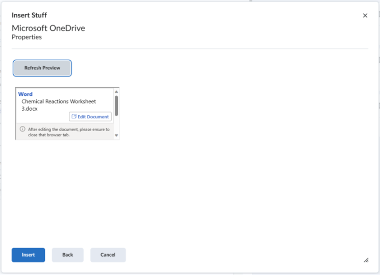 Încorporați un fișier OneDrive în editorul Brightspace utilizând butonul Inserare lucruri.
