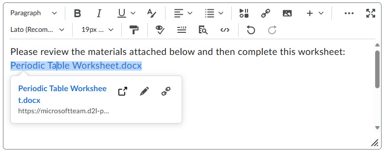 Încorporați un fișier OneDrive în editorul Brightspace utilizând butonul Quicklink.