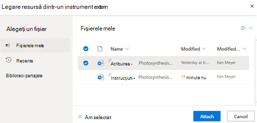Resursă legată de la instrumentul extern Alegeți un fișier de atașat
