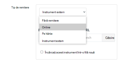 Lista verticală Tip remitere cu Online evidențiat