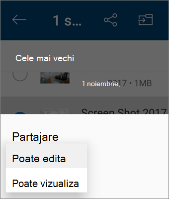 Captură de ecran cu modificarea permisiunii în timpul partajării în aplicația OneDrive pentru Android