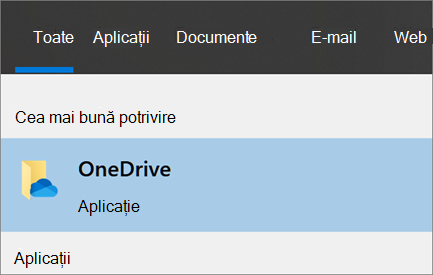 Captură de ecran cu căutarea aplicației desktop OneDrive în Windows 10