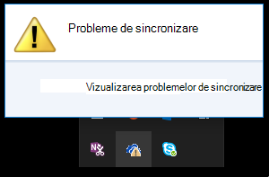 Dialog inițial privind problemele de sincronizare când faceți clic pe pictograma cloud