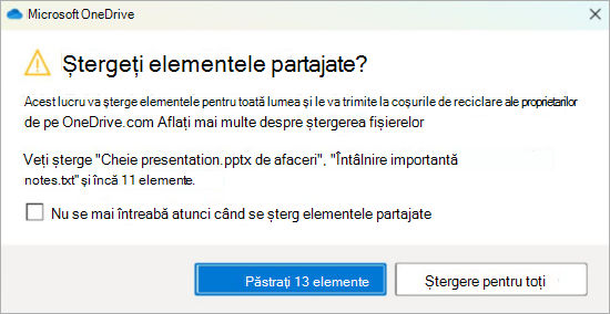 Captură de ecran a solicitării de confirmare OneDrive pentru ștergerea fișierelor partajate