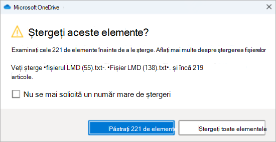 Captură de ecran a solicitării de confirmare OneDrive pentru ștergerea mai multor fișiere