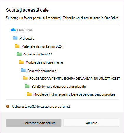 Captură de ecran afișând mesajul pentru a scurta numele de fișier selectat.
