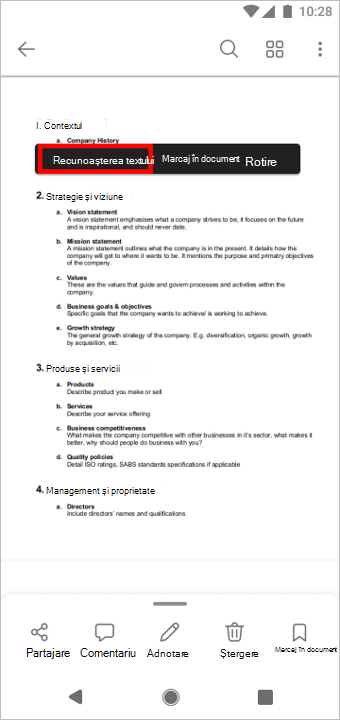 Apăsați lung pe pagină. Când apare meniul contextual, atingeți Recunoașteți textul.