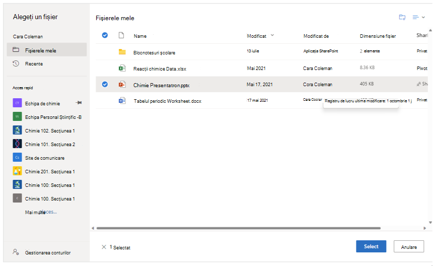 Atașați un document OneDrive la o listă de materiale de curs Schoology.