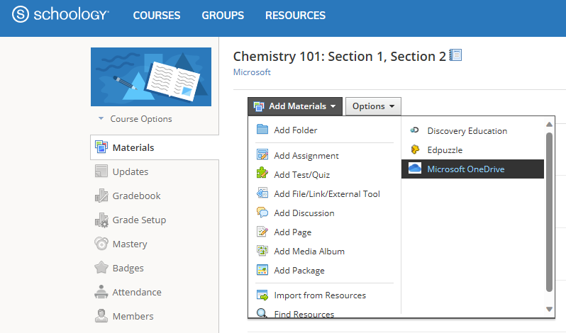 Atașați un document OneDrive la o listă de materiale de curs Schoology.