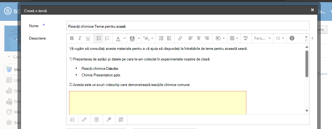 Legați sau încorporați documente OneDrive în Editorul de text îmbogățit Schoology și formatați conținutul.