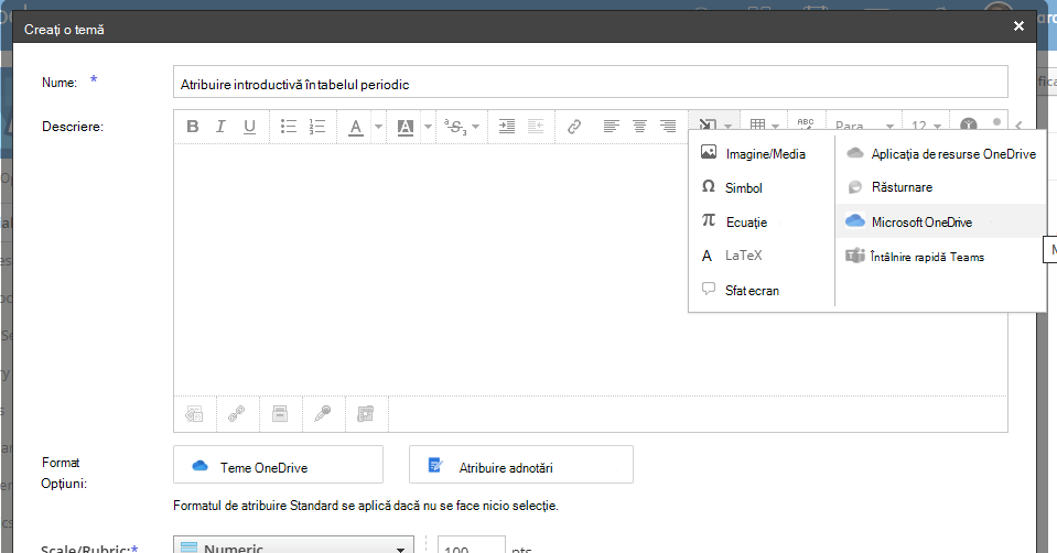 Inserarea unui link OneDrive sau a unui document încorporat într-un editor de text îmbogățit Schoology.