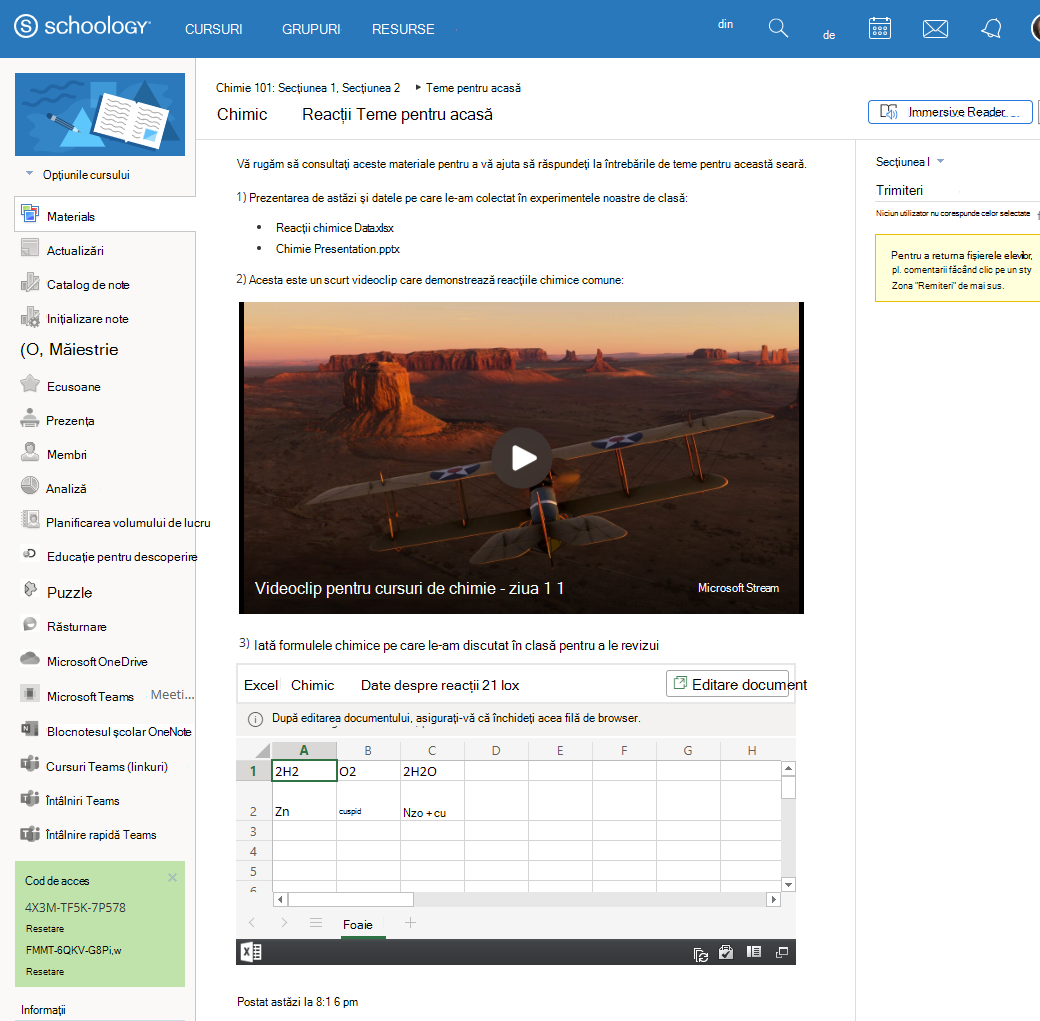 Legați sau încorporați documente OneDrive în editorul de text îmbogățit Schoology și previzualizați conținutul.