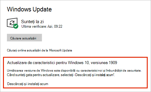 Windows Update afișând amplasarea actualizării de caracteristici