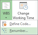 Imaginea filei Proiectare: butonul WBS, comanda Renumerotare în meniul vertical.