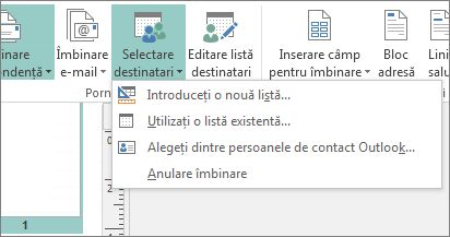 Opțiuni buton Corespondență Selectare destinatari