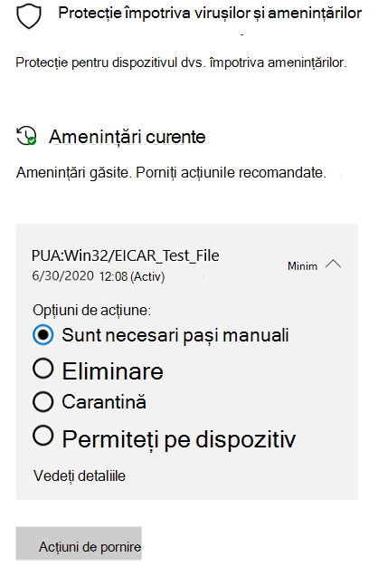 Acțiunile pe care le puteți efectua atunci când Securitate Windows a detectat o aplicație potențial nedorită