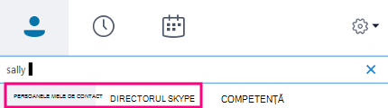 Când începeți să tastați în caseta Căutare Skype for Business, filele de mai jos se schimbă în Persoanele mele de contact și Director Skype.