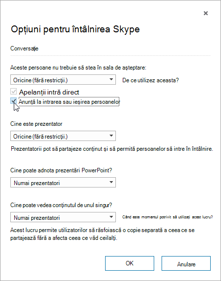 Meeting options dialog with announce when people enter or leave highlighted