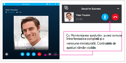 Capturi de ecran cu ferestrele Skype for Business și fereastra minimalizată