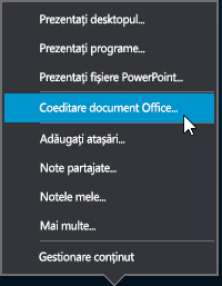 Opțiunea Elaborare în comun din meniul Prezentare