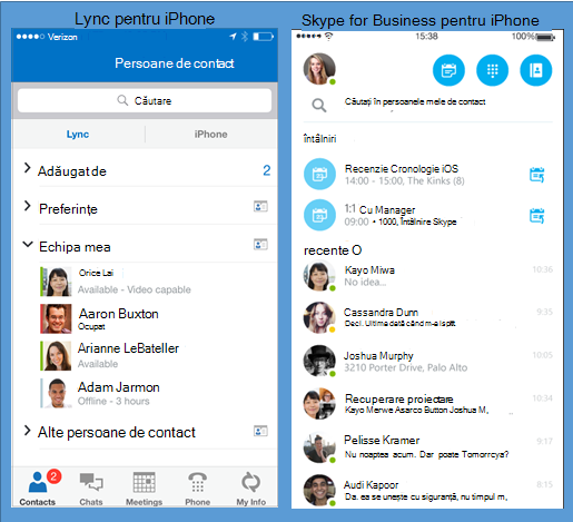 Capturi de ecran alăturate din Lync și Skype for Business