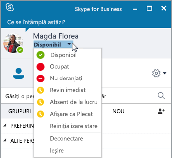 Captură de ecran a ferestrei Skype for Business, cu meniul Stare deschis.