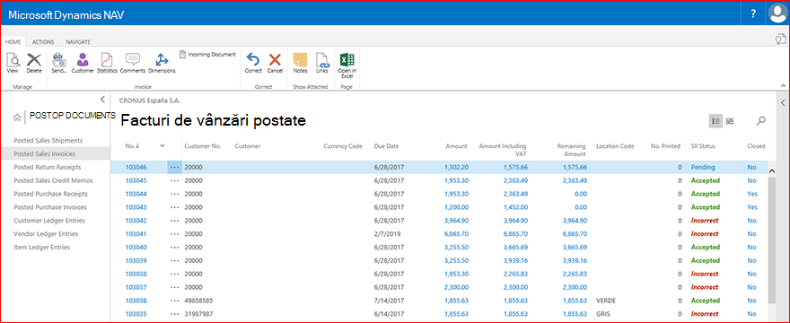 Exemplu din lista Facturi de vânzări postate