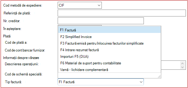 Tip factură achiziție nouă Lichidare completă vamă
