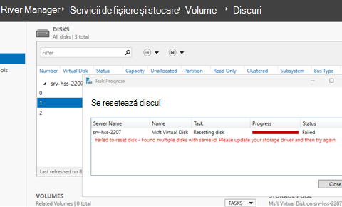 Nu s-a reușit resetarea discului
