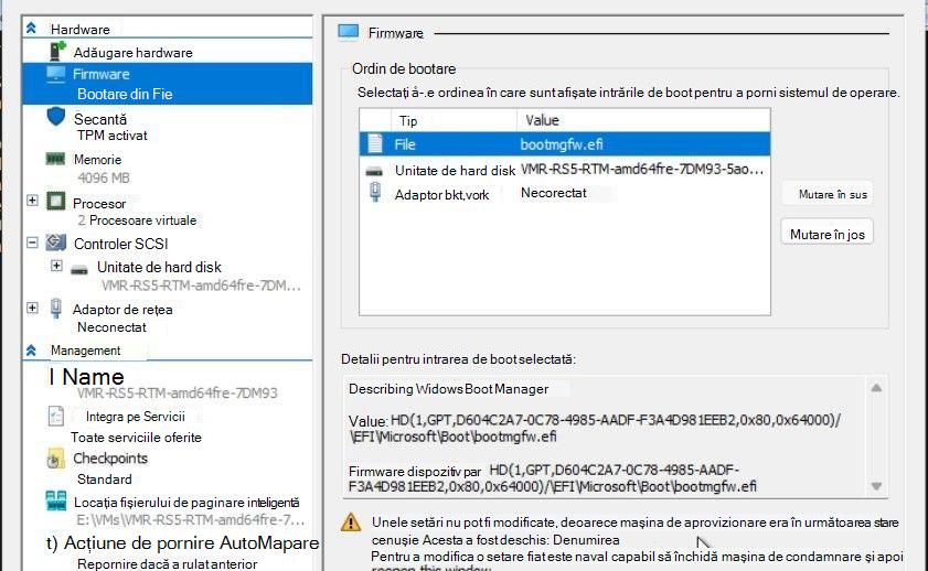 A screenshot of a Hyper-V virtual machine (VM) settings, with the Firmware section highlighted, showing the original boot order.