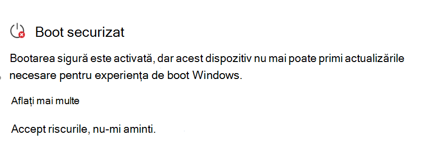 Secțiunea Bootare sigură afișând starea Necesită acțiune cu o pictogramă roșie de oprire.